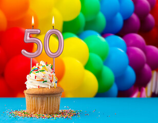Birthday candle number 50 - Invitation card with balloons in colors of the gay pride march