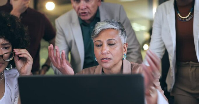 Stress, computer and business people with stock market crash, financial crisis or online mistake and news. Group of men and woman with manager sad, angry or headache for budget, fail or sales error