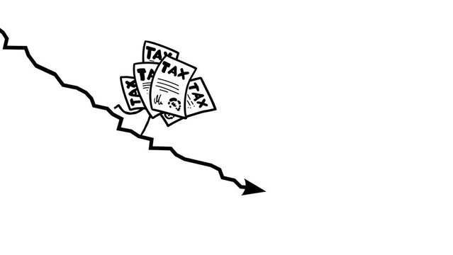 Taxes still goes down seamless loop black and white. Walking down taxes symbol. Cartoon character falling fast. Funny business animation.