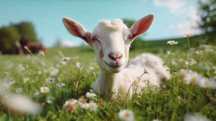 Fototapeta premium Cute goat grazing on green meadow