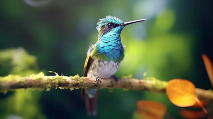 cute humming bird, A colorful bird sits on a branch in the forest