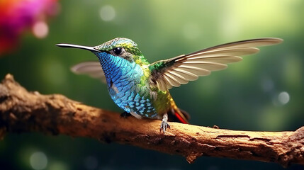Fototapeta premium cute humming bird, A colorful bird sits on a branch in the forest