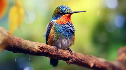 Fototapeta premium cute humming bird, A colorful bird sits on a branch in the forest