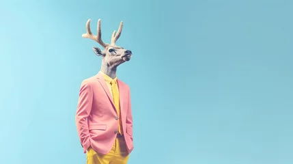 Foto op Plexiglas Abstract portrait of a wild animal dressed up as a man in elegant pastel suit. A human size deer in pastel pink suit on blue background. Minimal Christmas idea. © Creative Photo Focus