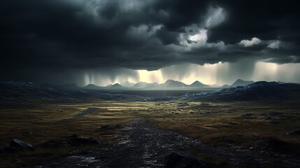 Dark weather ominous clouds over dramatic landscape