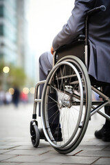 Fototapeta premium back view. a man is sitting in a wheelchair. support and assistance to a disabled person, a person with disabilities
