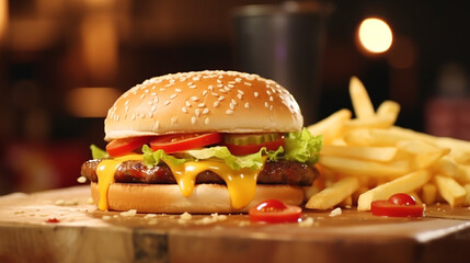 French fries and hamburger in fast food restaurant