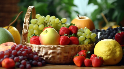 Fresh and healthy fruits in straw basket
