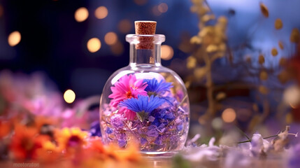 Obraz na płótnie Canvas Fresh scent of purple flower in glass bottle colorful