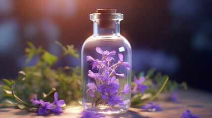 Obraz na płótnie Canvas Fresh scent of purple flower in glass bottle