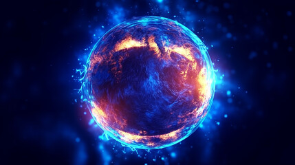Glowing blue sphere orbits Earth illuminating nature background