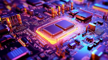 Obraz premium Glowing computer chip complexity of electronics industry background