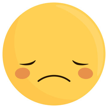 Cute sad yellow emoji face. 
Concept of sadness, anguish, depression, shame, frustration, anxiety, resignation, reaction emotions.
Pensive expression, sad smiley. Sorrow emoticon vector, emotion icon
