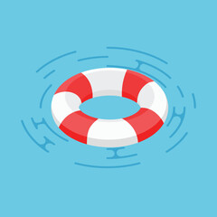 3d red and white lifebuoy. Floating inflatable lifebuoy and laps on the water. Swimming pool circle. Safe a life concept. Vector illustration.
