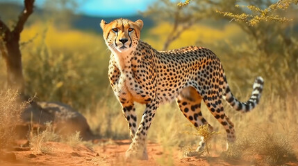 Majestic cheetah walking in African wilderness area background