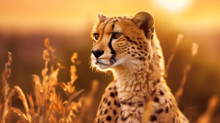 Majestic cheetah staring into the sunset beauty background