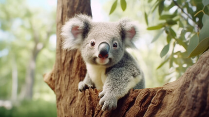 Marsupial koala cute fur close up outdoors looking tree background