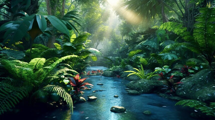 Mysterious tropical rainforest glows with lush greenery, colorful leafs background