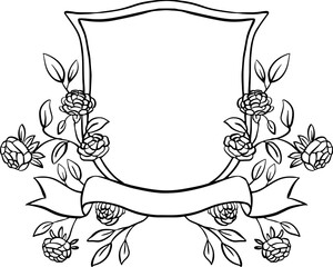Crest wedding line art floral frame with ribbon. Flower monogram frame. - 633535870