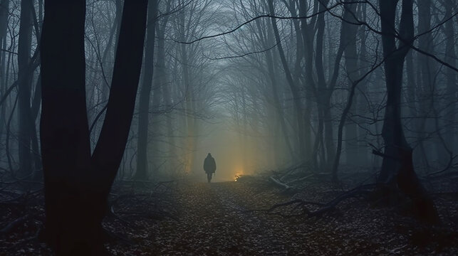 Spooky one person walking in dark forest, winter morning background