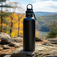 standing aluminum water bottle with a black cap in the nature