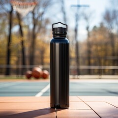 standing aluminum water bottle with a black cap mockup