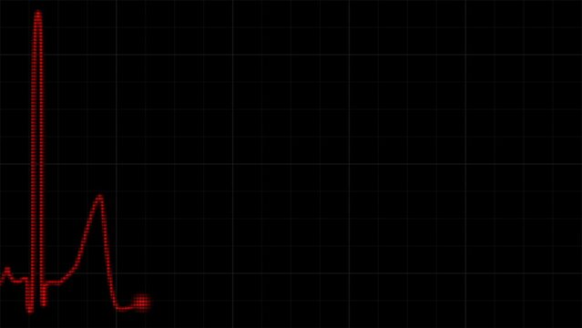 Heartbeat flatline. Seamlessly looping animation. Screen cells or pixels effect. Pulse trace red line on black background with grid.