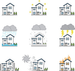 災害を受ける家のイラストセット