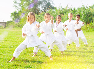 Group of kids in white kimono training outdoors on green grass.