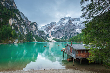 Scenic view of Lake Braies with boathouse, Italy