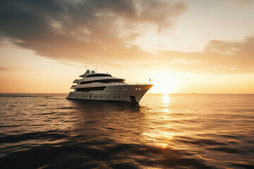 Luxury motor yacht in sea at sunset, big expensive boat moves in ocean, generative AI.