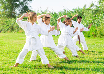 Naklejka na ściany i meble Group of kids in white kimono training outdoors on green grass.