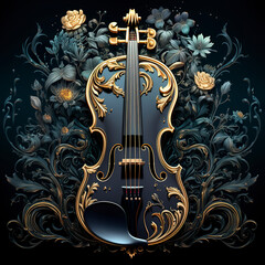 In the backdrop of baroque capitals, a violin takes center stage, bridging classic elegance with musical artistry. Illustration of a classical violin in a flowery setting. - obrazy, fototapety, plakaty