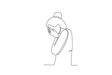 A woman cries because of depression. World mental health day one-line drawing