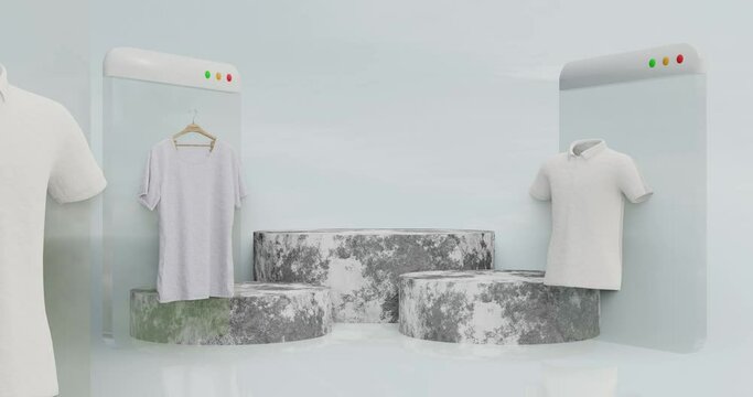  stone podium on top of which there is a laptop displaying plain white clothes, 3D video illustration