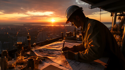 Fototapeta premium Golden Hue Over Construction: Architect Meets Foreman - Generative Art