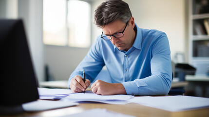 Employee diligently working at his desk, focused on writing important documents generative art