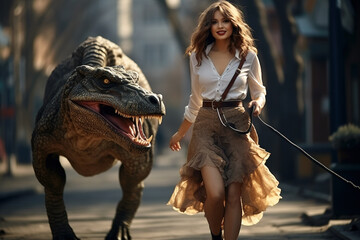 Young woman walking her dinosaurs, girl model and her monster pets