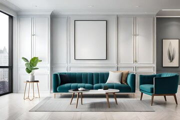 modern living room with wall frame mockup