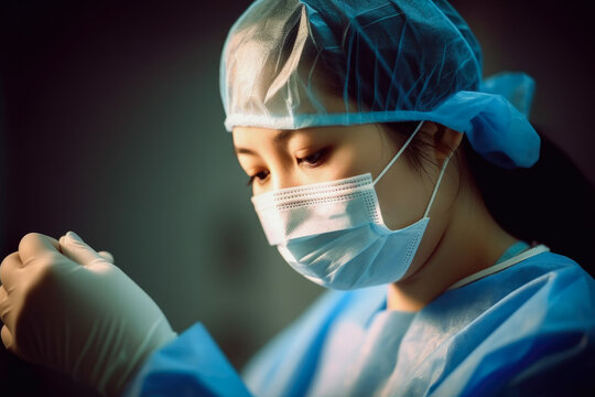 Side view of young female surgeon during surgery, wearing a face surgical mask