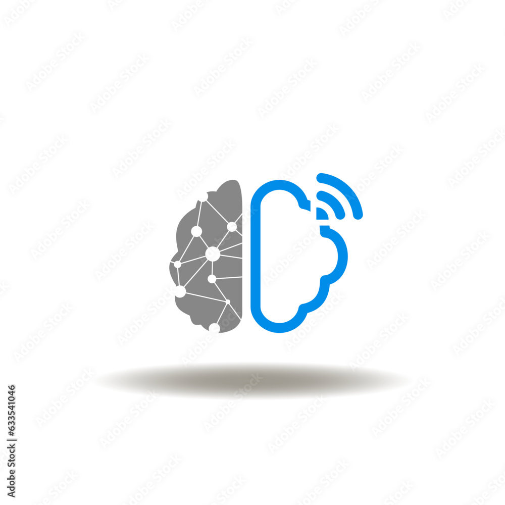 Poster vector illustration of barin with wireless radio signal wifi. icon of quantum computing technology. 