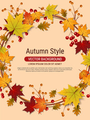 Autumn style flyer vector template. Design for invitation card, promo poster, discount coupon, voucher, sale banner, booklet, brochure cover
