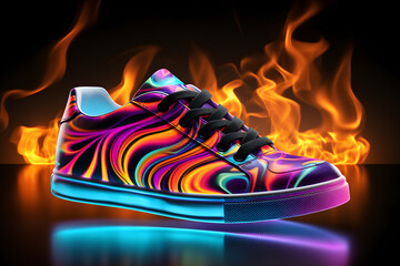 shoes on fire colorful glowing sneakers for promotion are black and blue glowing and there is a fire background I make by ai