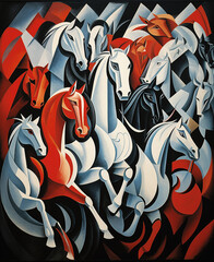 Abstract art drawing of horses in the style of tessellation.  Generative AI.