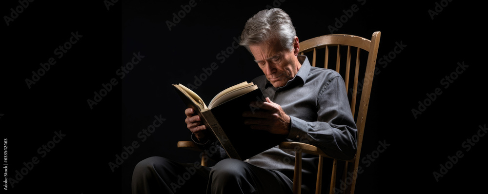 Aufkleber a man with a worried expression on his face sitting in a rocking chair with a book in his lap that h