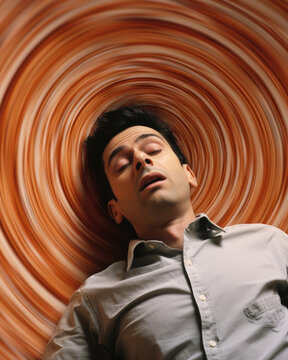 A person lying flat on their back their head spinning in circles as if caught in a whirlwind of vertigo.