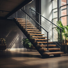 escalier de type industriel dans un loft - IA Generative - obrazy, fototapety, plakaty