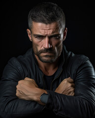 Obraz premium A man with crossed arms and fists tightly clenched demonstrating a guardedness and closedmindedness in the face of stressors.