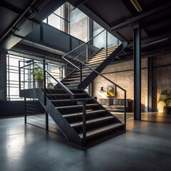 bel escalier de type industriel dans un loft - IA Generative	 - obrazy, fototapety, plakaty