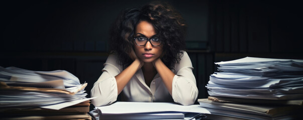 A woman sat at her desk looking sadly into a pile of paperwork. The stack of work seemed to increase in size the harder she worked